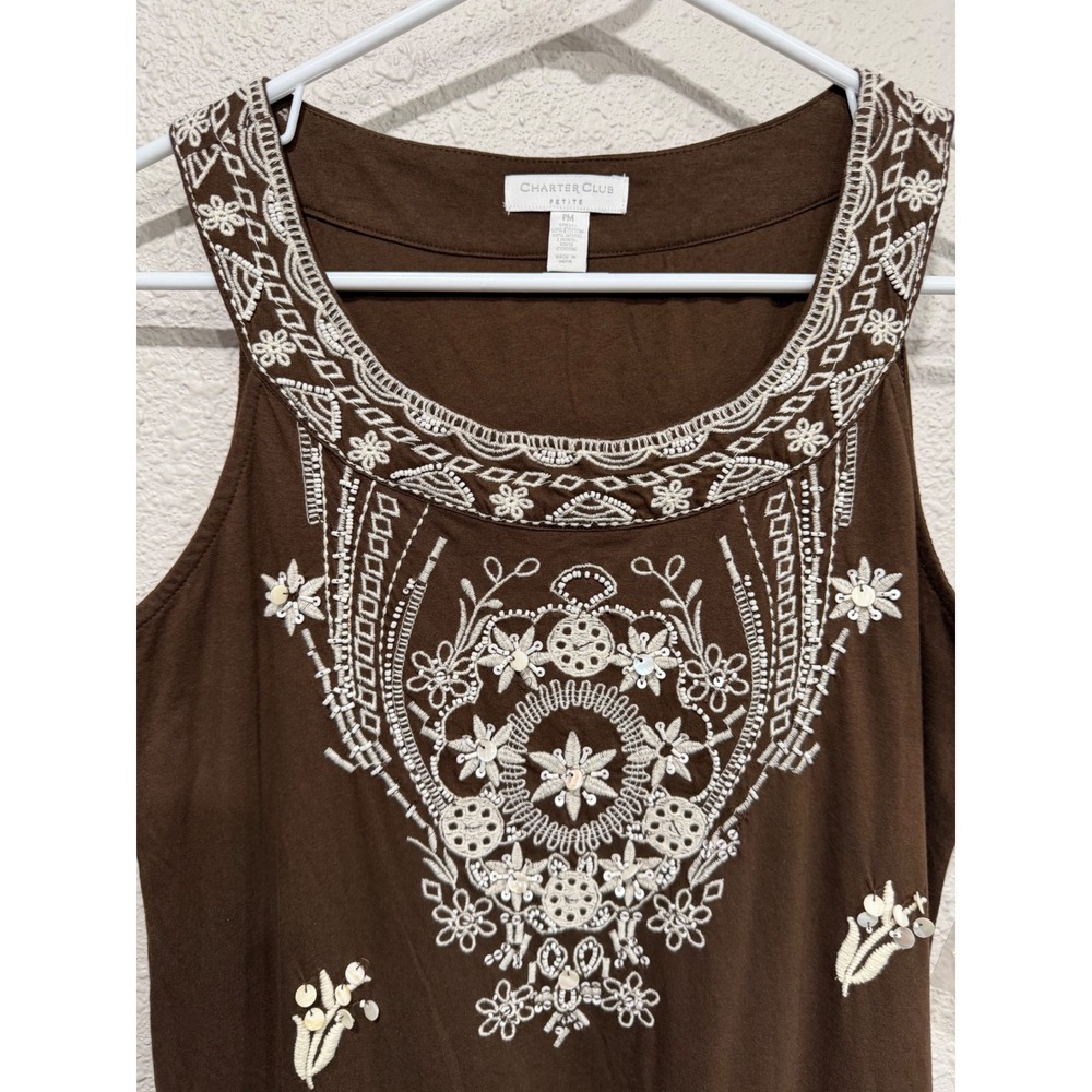 NWT Charter Club Petite MP Brown Embroidered Beaded Shift Dress Boho Resort Luxe - Picture 3 of 8